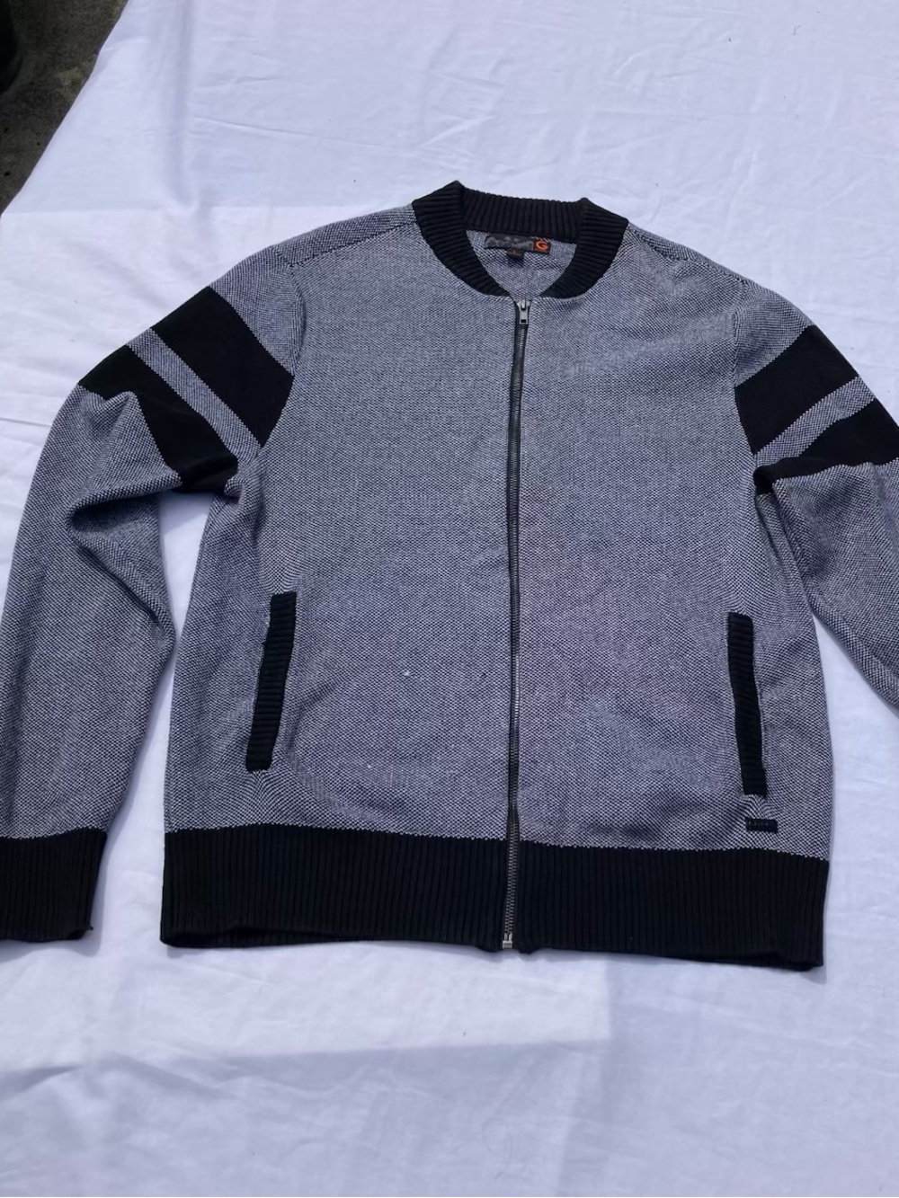 G By Guess Full Zip Knit Bomber Jacket Mens L Ribbed Bottom Gray Black